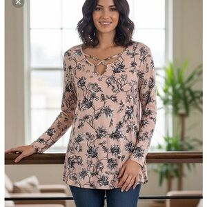 Lily Morgan Floral Print Flowy Blouse Pink Black Womens Size M